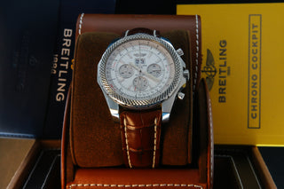 Breitling Bentley 6.75 Steel on Brown Leather Strap White Dial A44362