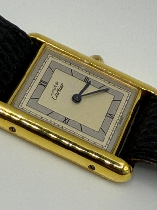 CARTIER Must Tank Gold Plated Leather Quartz Ladies Watch 366001 MINT