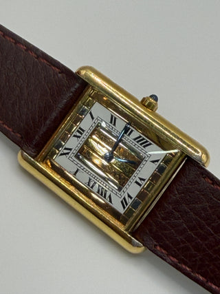 CARTIER Must Tank 925 silver /leather Quartz  TRI-Color