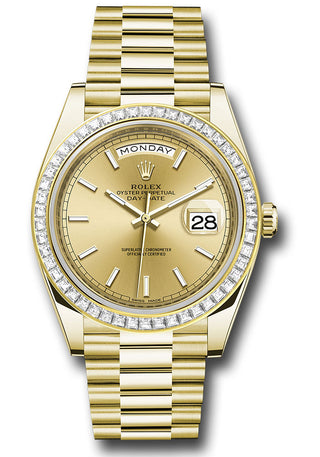 Rolex Yellow Gold Day-Date 40 Watch - Baguette Diamond Bezel - Champagne Index Dial - President  18k